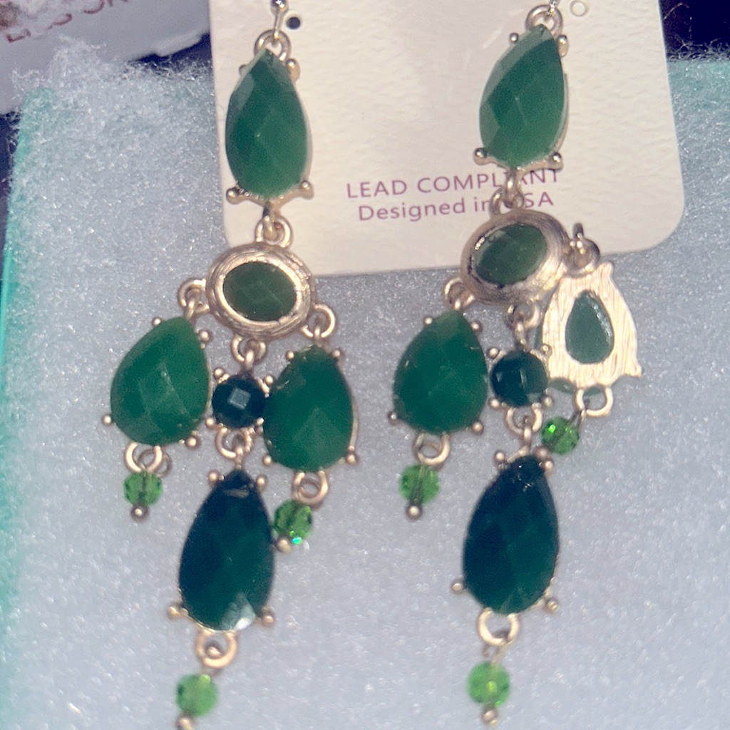 Green Stone Gold Tone Steel Statement Earrings